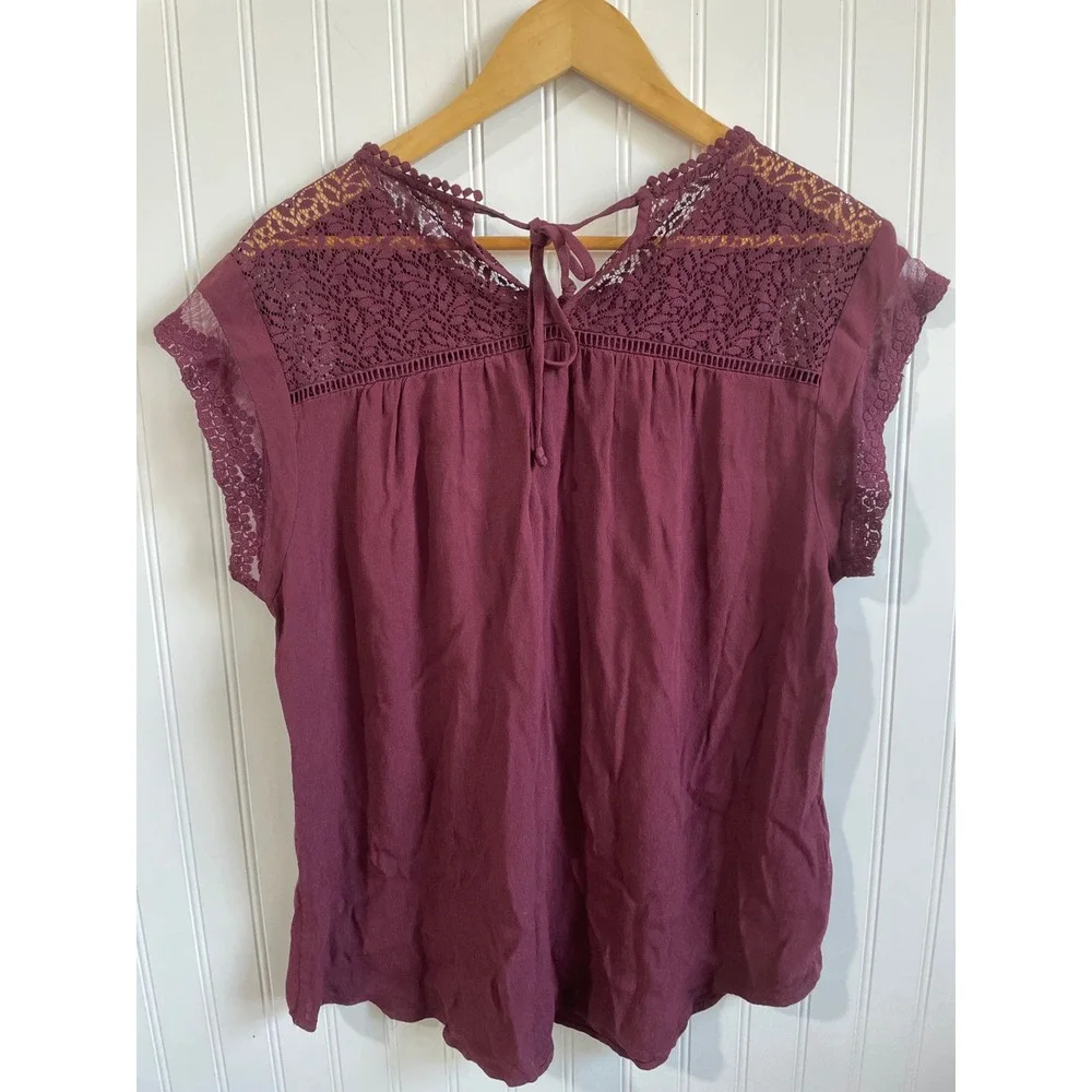 Daniel Rainn Womens XL Plum Lace‎ Trim Pin-tuck Cap Sleeve Rayon Blouse